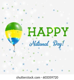 Gabon National Day patriotic poster. Flying Rubber Balloon in Colors of the Gabonese Flag. Gabon National Day background with Balloon, Confetti, Stars, Bokeh and Sparkles.