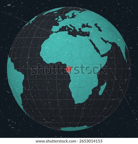 Gabon on Globe. Vintage look with grunge scratched texture. Country view on world map in Dark Charcoal Turquoise color palette. Gabon shape on map. Globe with meridians and parallels.