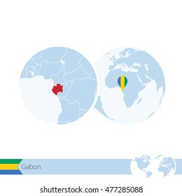 Gabon on world globe with flag and regional map of Gabon. Vector Illustration.