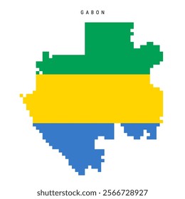 Gabon pixel flag map icon. 8 bit pixel art Gabonese map covered with flag. Flat vector illustration isolated on white background.