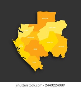 Gabon political map of administrative divisions - provinces. Yellow shade flat vector map with name labels and dropped shadow isolated on dark grey background.