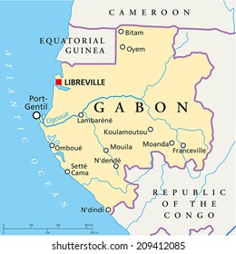 Gabon Political Map with capital Libreville, national borders, most important cities, rivers and lake. Vector illustration with English labeling and scaling.