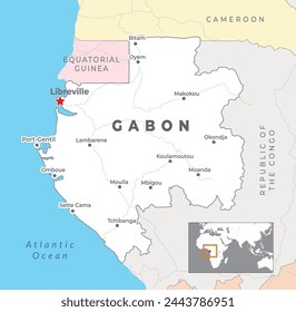 Gabon Political Map with capital Libreville, most important cities with national borders