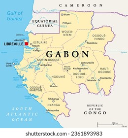 Gabon, political map. Gabonese Republic, with provinces. Central African country on Atlantic coast with capital Libreville. Bordered by Equatorial Guinea, Cameroon, Congo Republic, and Gulf of Guinea.