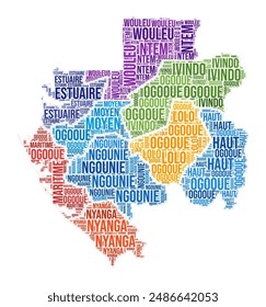 Gabon region word cloud. Country shape design. Gabon colored illustration. Region names collage cloud. Vector illustration.