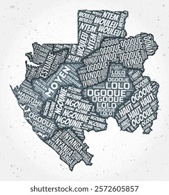 Gabon regions word cloud in the shape of the country on a textured background. Gabon design in a typographic style. Elegant vector illustration.