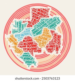 Gabon Round Poster. Typography style image of Country. Regions word clouds of Gabon. Vintage image design with scratch texture.