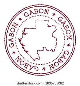 Gabon round rubber stamp with country map. Vintage red passport stamp with circular text and stars, vector illustration.