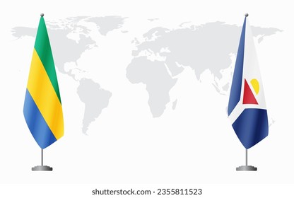 Gabon and Saint Martin flags for official meeting against background of world map.