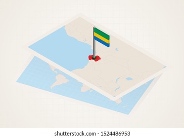 Gabon selected on map with 3D flag of Gabon. Vector paper map.