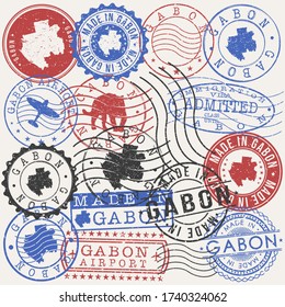 Estampado de Gabón. Sellos de Pasaporte de Viaje. Fabricado en Sellos de Diseño de Productos en la Insignia de Estilo Antiguo. Colección de vectores de imágenes prediseñadas de iconos.