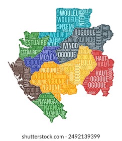 Gabon shape. Country word cloud with region division. Gabon colored illustration. Region names cloud. Vector illustration.