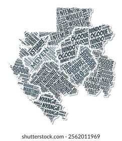 Gabon shape text cloud. Country border with shadow on white background. Gabon with regions division in vintage gazette style. Artistic vector illustration.