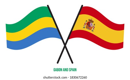 Gabun und Spanien Flaggen überquert und schwingen flach Stil. Offizieller Anteil. Korrigieren Sie Farben.
