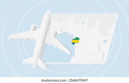 Gabon Travel Illustration with Plane and National Flag. Ideal for travel agencies, promotional materials, or geographic content related to Gabon.