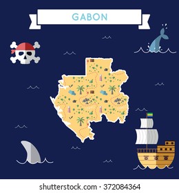 Gabon treasure map in flat design. Colorful cartoon treasure map of Gabon with flat design icons of pirate ship and jolly roger. Gabon flat design vector illustration.