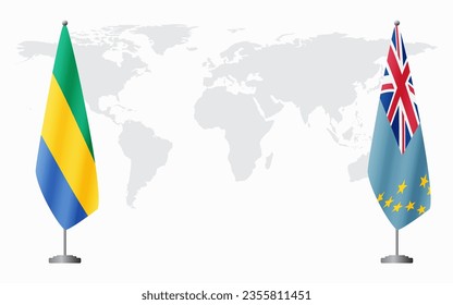 Gabon and Tuvalu flags for official meeting against background of world map.
