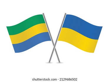 Gabon and Ukraine crossed flags. Gabonese and Ukrainian flags, isolated on white background. Vector icon set. Vector illustration.