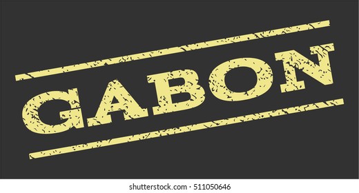 Gabon watermark stamp. Text caption between parallel lines with grunge design style. Rubber seal stamp with scratched texture. Vector khaki yellow color ink imprint on a gray background.
