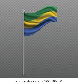 Gabon waving flag on metal pole. Vector illustration.