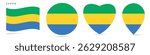 Gabon waving flag, round circle sticker badge, heart shaped icon, map pin. Gabonese flag buttons of different shapes. Vector illustration isolated on white.