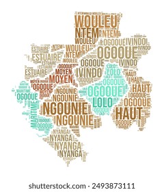 Nube de palabras de Gabón. Forma Country con división por regiones. Imagen de estilo tipográfico de Gabón. Nubes de etiquetas de nombres de región. Ilustración vectorial.