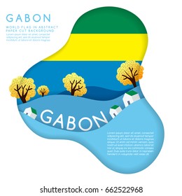 Gabon : World Flag in paper cut shapes with trees and mountains in the layers : Vector Illustration