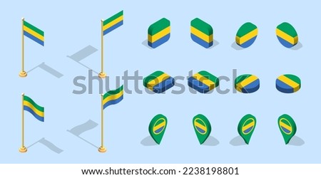 Gabonese flag (Gabon,  Gabonese Republic). 3D isometric flag set icon. Editable vector for banner, poster, presentation, infographic, website, apps, maps, and other uses.