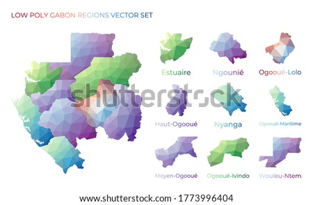 Gabonese low poly regions. Polygonal map of Gabon with regions. Geometric maps for your design. Powerful vector illustration.