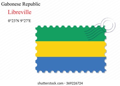 gabonese republic stamp design over stripy background, abstract vector art illustration, image contains transparency