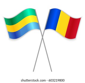 Gabonese and Romanian crossed flags. Gabon combined with Romania isolated on white. Language learning, international business or travel concept.