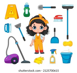 Gabor profession cleaner. Cute character girl and cleaning and washing equipment at home. Vacuum cleaner, mop, brush, bucket, vantus. Vector illustration in cartoon childish style. Isolated clipart