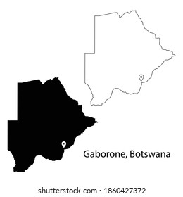 Gaborone Botswana. Detailed Country Map with Location Pin on Capital City. Black silhouette and outline maps isolated on white background. EPS Vector