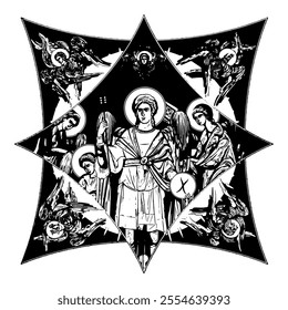 Gabriel Archangel on cross dome with 4 apostles, angels and seraphim. Ink illustration black and white in Byzantine style isolated