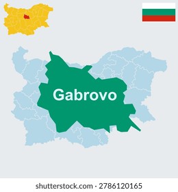 Gabrovo Bulgaria Map and Flag - Humor Capital, Yantra River and Uzana Resort Vector Outline.