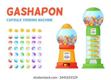 Gachapon capsule machines with bubblegum toy plastic container, vending machine dispense chewing bubble gum caramel ball rare candy sweets lucky coin vector illustration of bubblegum candy gachapon