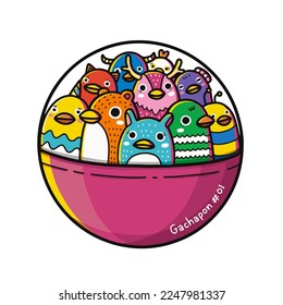 Gachapon family birds. Colorful birds in pink ball. Toy ball illustration. Cute cartoon character design.