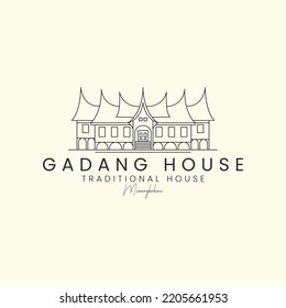 gadang house with line art style logo vector template icon illustration design, traditional house, west sumatra, minangkabau, indonesia logo landmark design