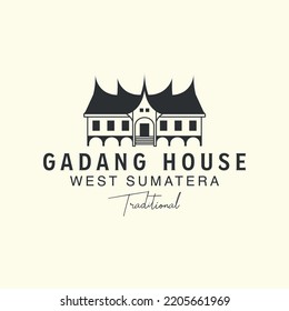 gadang house with vintage style logo vector template icon illustration design, traditional house, west sumatera, minangkabau, indonesia logo landmark design