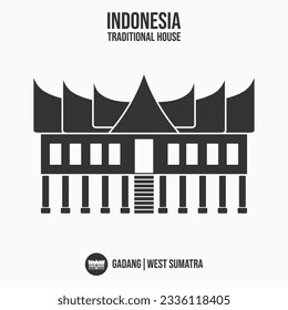 gadang, simple eps art grey bw black white flat house home from west sumatra sumatera barat, local area in indonesia asia. icon old ancestral cultural heritage building, different culture each region