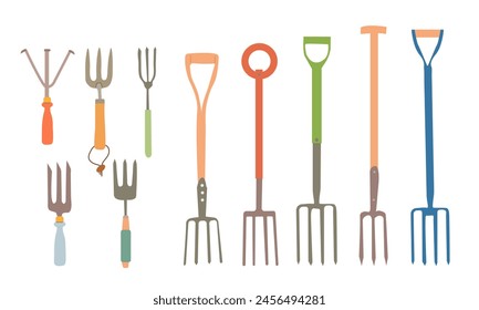 Gaden fork set , different shapes and color isolated on white background. Gardening tools design. Colorful vector illustration,flat style.