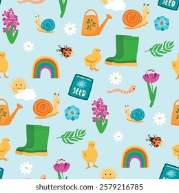 Gadening seamless pattern with plants and animal characters. Chickens, snails, ladybug, worm, flowers, leaves, boots, watering can. Spring season vector design set. Cartoon flat color illustration. 