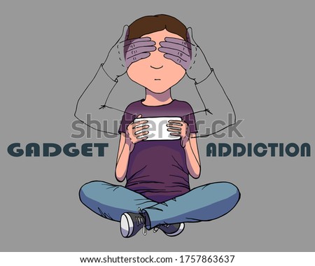 Gadget addicted boy. Technology closed his eyes. Gadget Dependency Issue. Handwritten graphic technique. Isolation