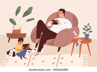 Gadget Addicted Parent And Kid Using Mobile Phones Or Tablets At Home. Father Set Bad Example For Child By Spending Time Online In Social Networks. Colored Flat Vector Illustration