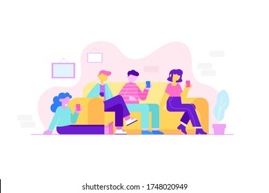 Concepto de adictos al gadget. Un grupo de amigos usan sus smartphones sentados en el sofá juntos. Noticias en línea, juegos, medios sociales, internet. Ilustración vectorial moderna de estilo plano