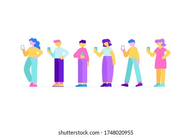Gadget addicted people concept. Men and woman use their smartphones set. Online news, play games, social media, internet. Modern flat style vector illustration