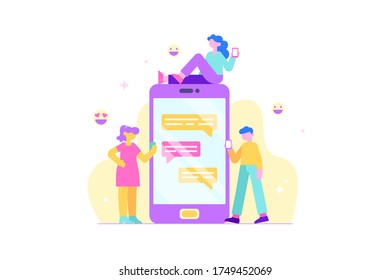 Concepto de adictos al gadget. Hombres y mujeres usan sus smartphones cerca de un teléfono grande. Noticias en línea, juegos, medios sociales, internet. Ilustración vectorial moderna de estilo plano
