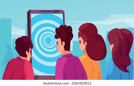 Composición abstracta de adicción al gadget con un grupo de jóvenes mirando en una gran pantalla de smartphone con ilustración vectorial plana de juegos