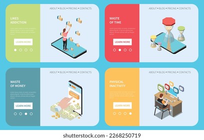 Gadget addiction banner set with technology misusage symbols isolated vector illustration