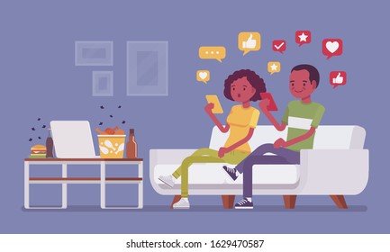 Gadget addiction, black couple dependent on smartphones. People glued to a screen, focusing on mobile device, social media obsession, virtual world instead of everyday routine. Vector illustration